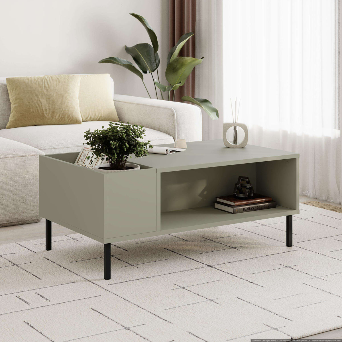 Modern coffee table in ash green with open storage shelf and black legs