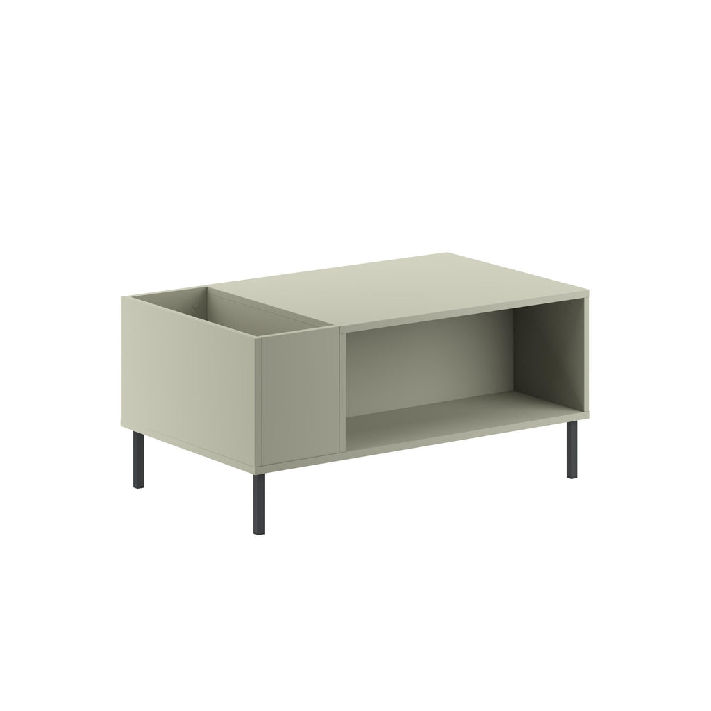 Ash green coffee table with open center shelf and two side compartments, black legs