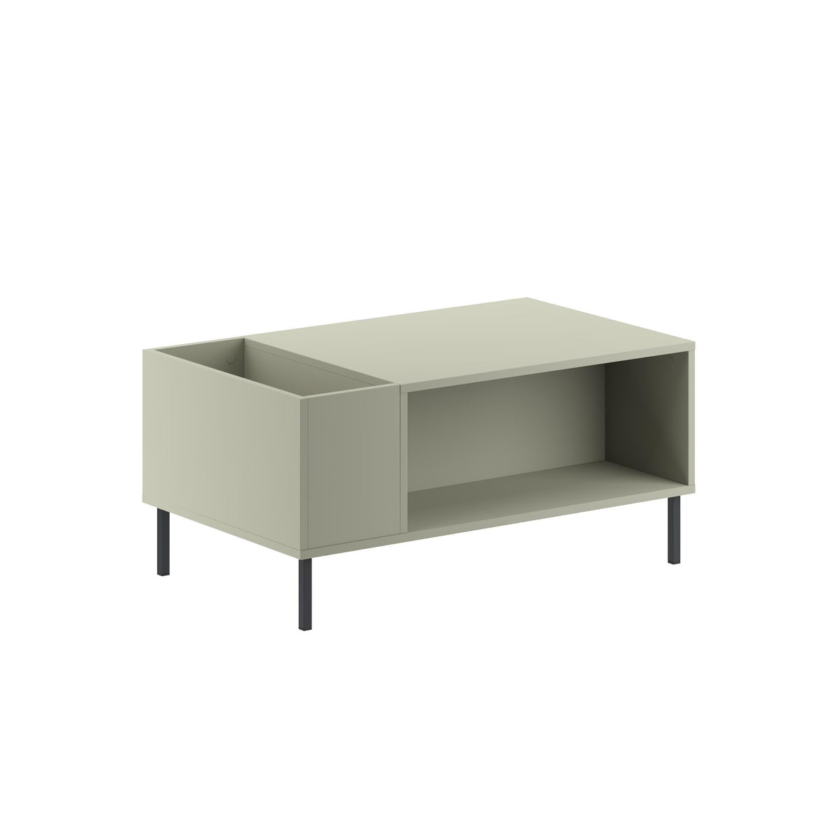 Ash green coffee table with open center shelf and two side compartments, black legs