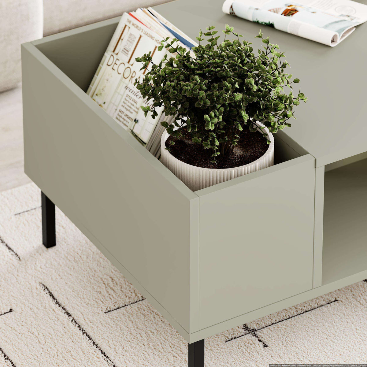 Ash green coffee table with two open bins and black legs
