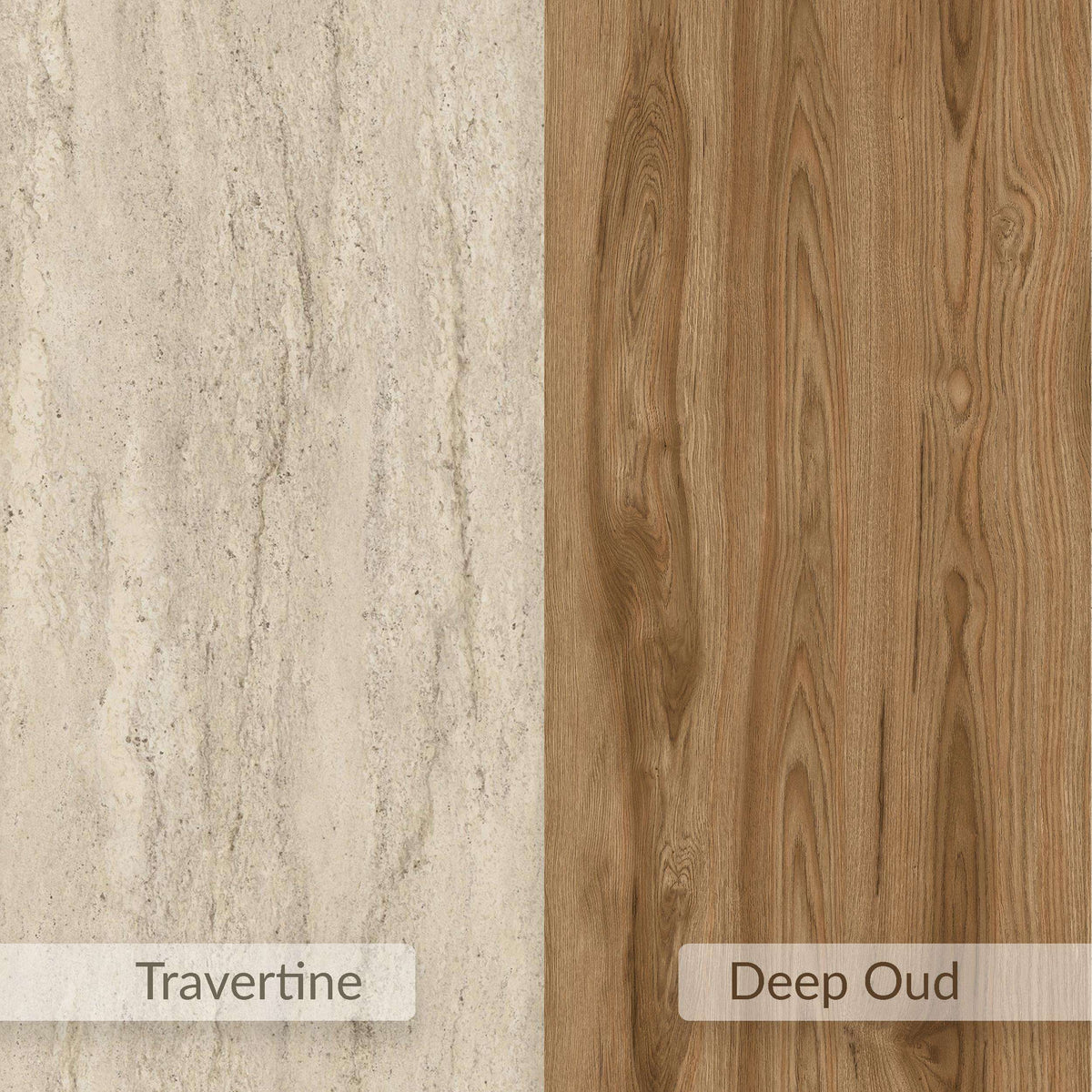 Travertine and Deep Oud material surfaces on a modern round coffee table