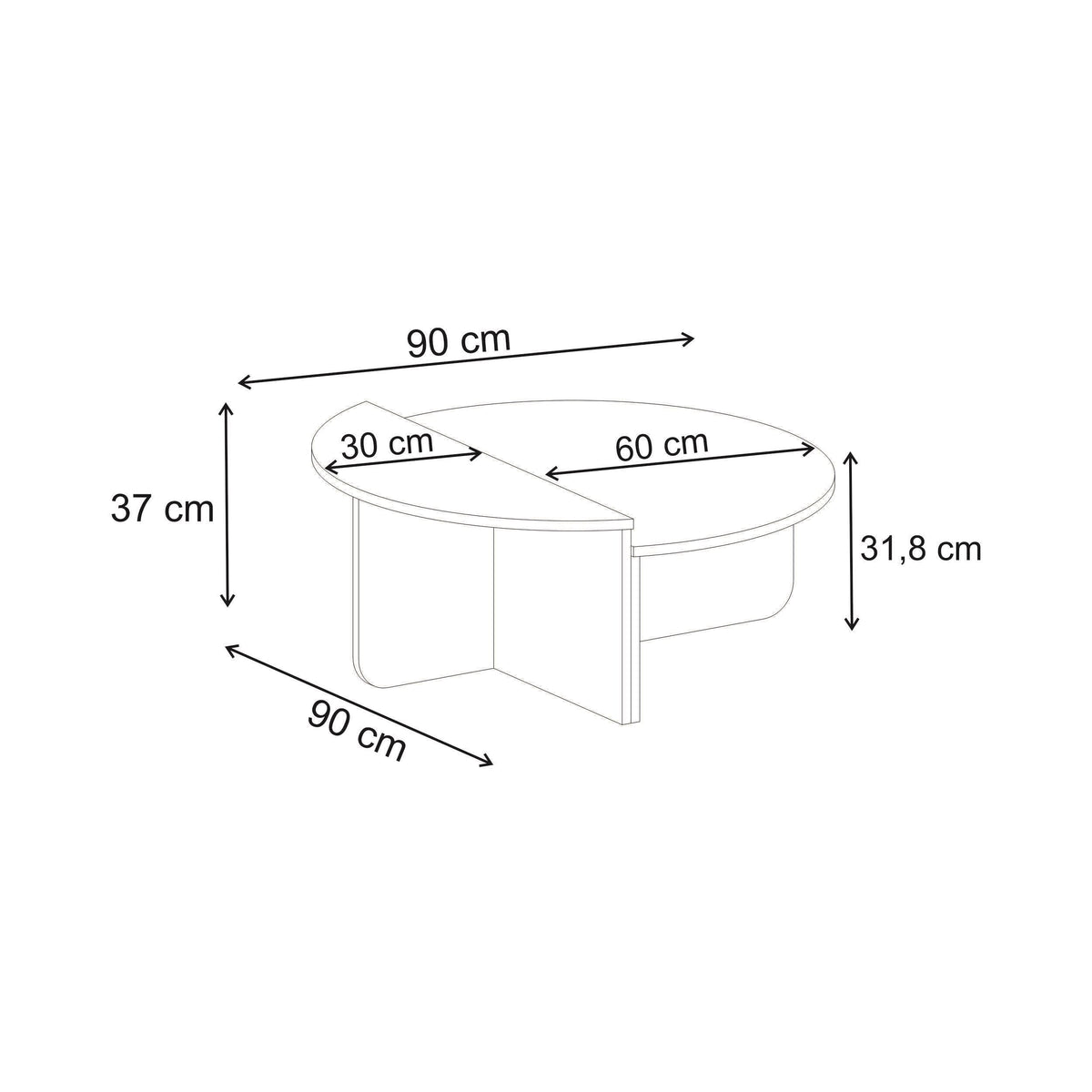 Modern round coffee table dimensions diagram with 90 cm width and 37 cm height