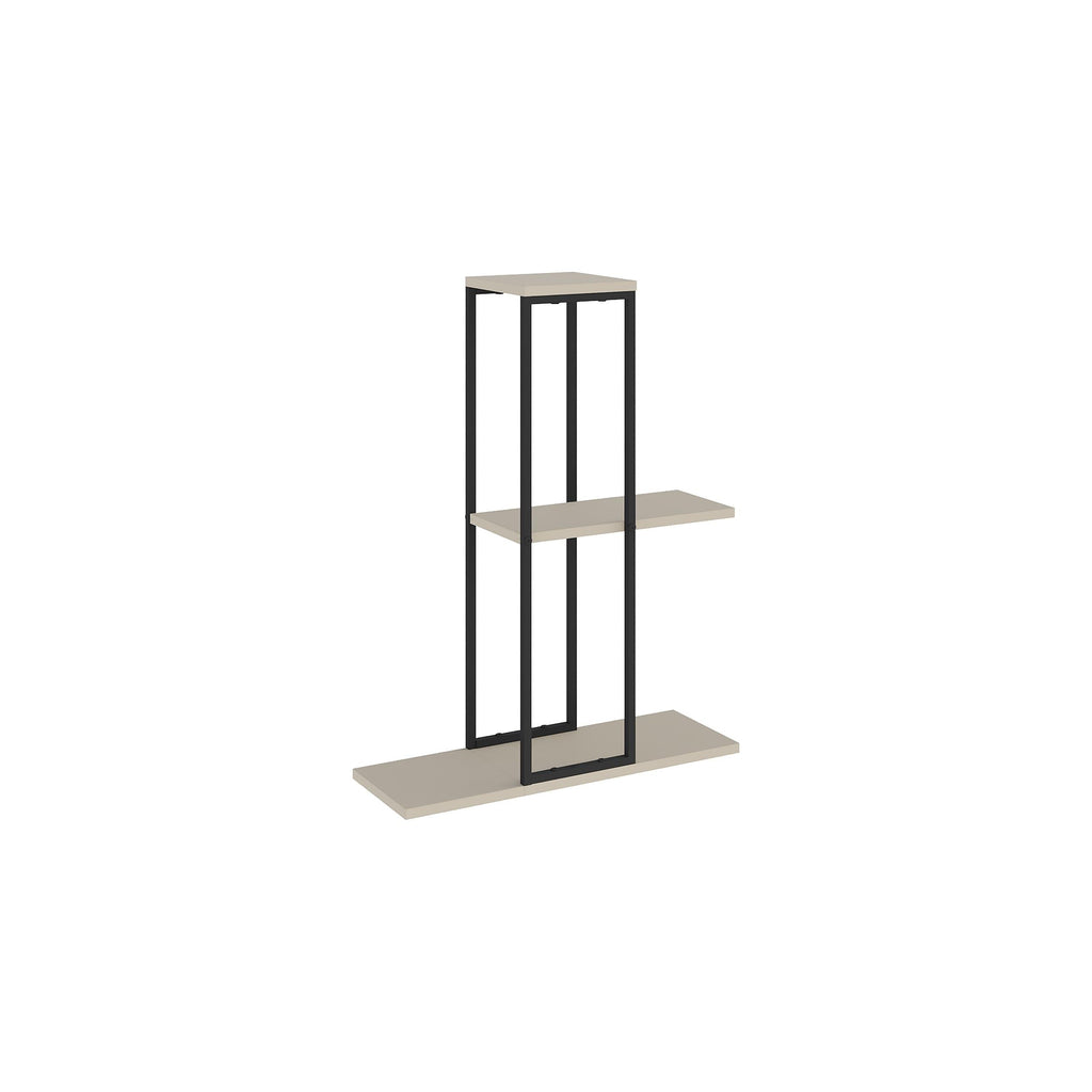 Modern plant stand shelves with black metal frame and two open shelves on base.