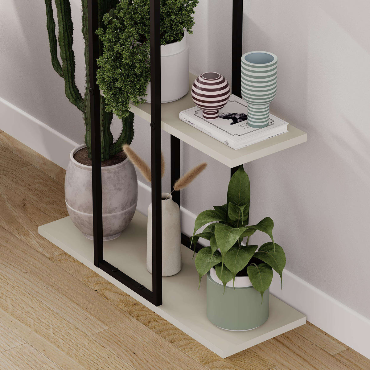 Three-tier modern plant stand shelves with black frame and potted plants on light shelves.