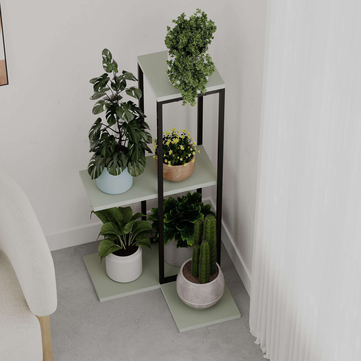 Three-tier modern plant stand shelves with black frame and multiple potted plants on light shelves.