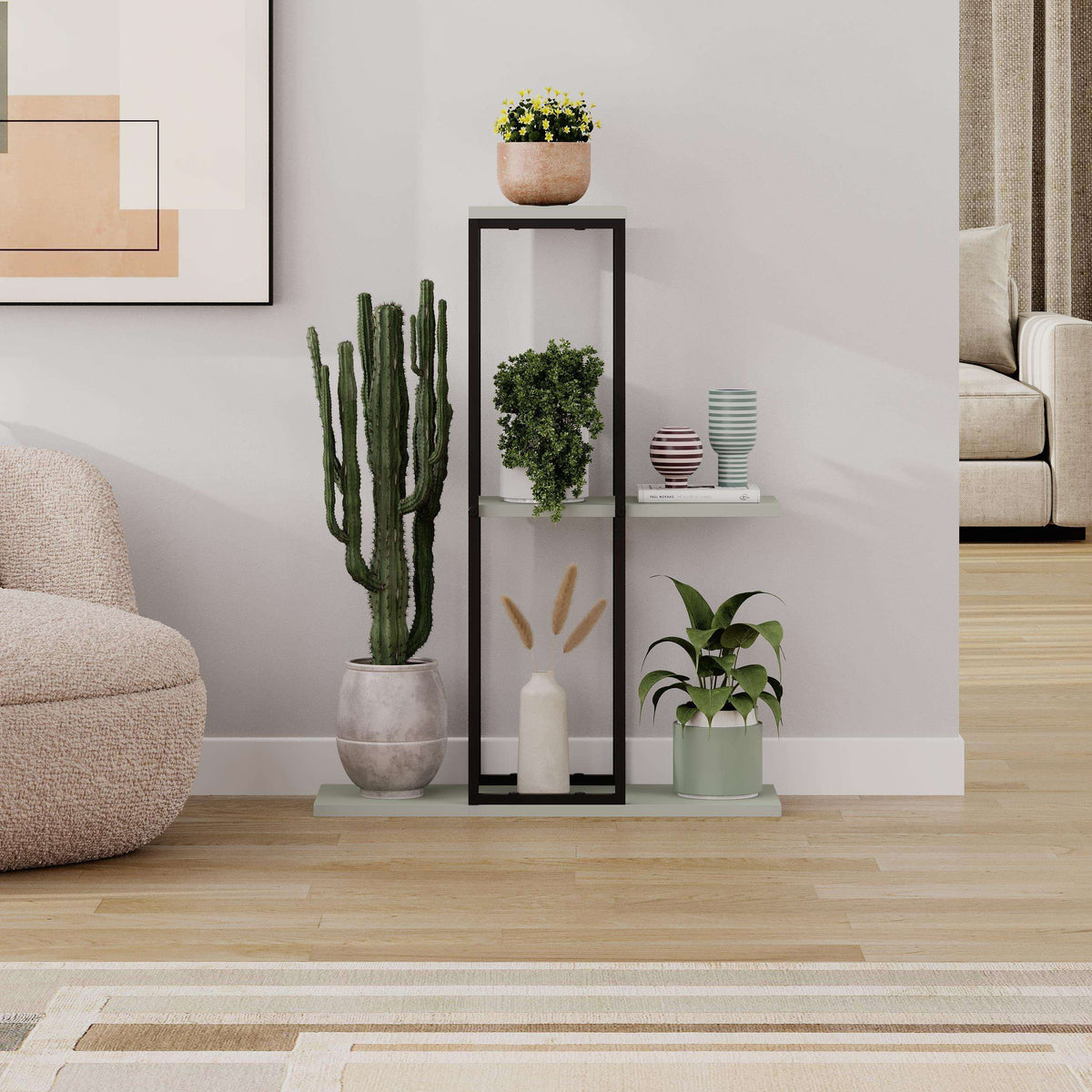 Three-tier modern plant stand shelves with black frame and cacti and plants in pots.