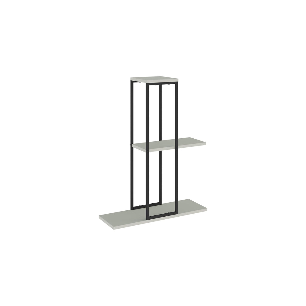 Black metal plant stand with two light gray stone shelves and open rectangular frame.