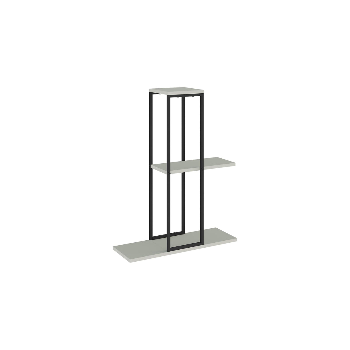 Black metal plant stand with two light gray stone shelves and open rectangular frame.