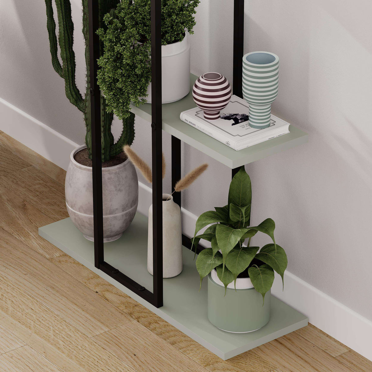 Three-tier modern plant stand shelves with black frame and potted plants on light shelves.