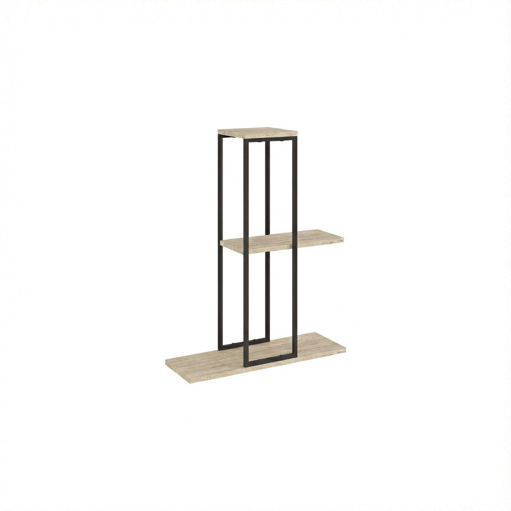 Modern plant stand with black metal frame and two light stone shelves, side view.