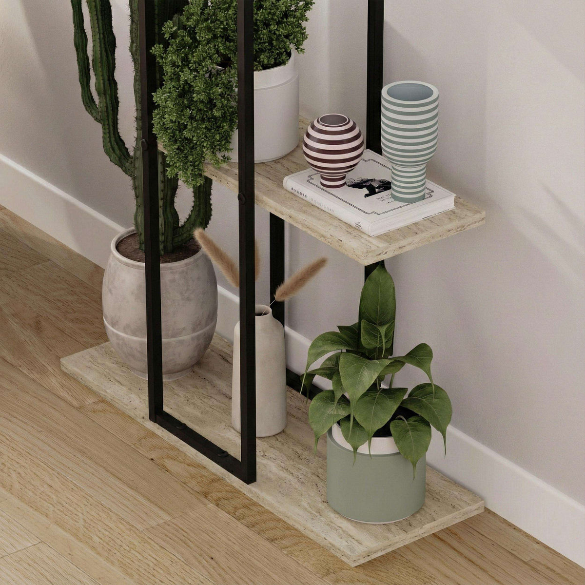 Black plant stand with three open tiers and light stone shelves, potted plants included.