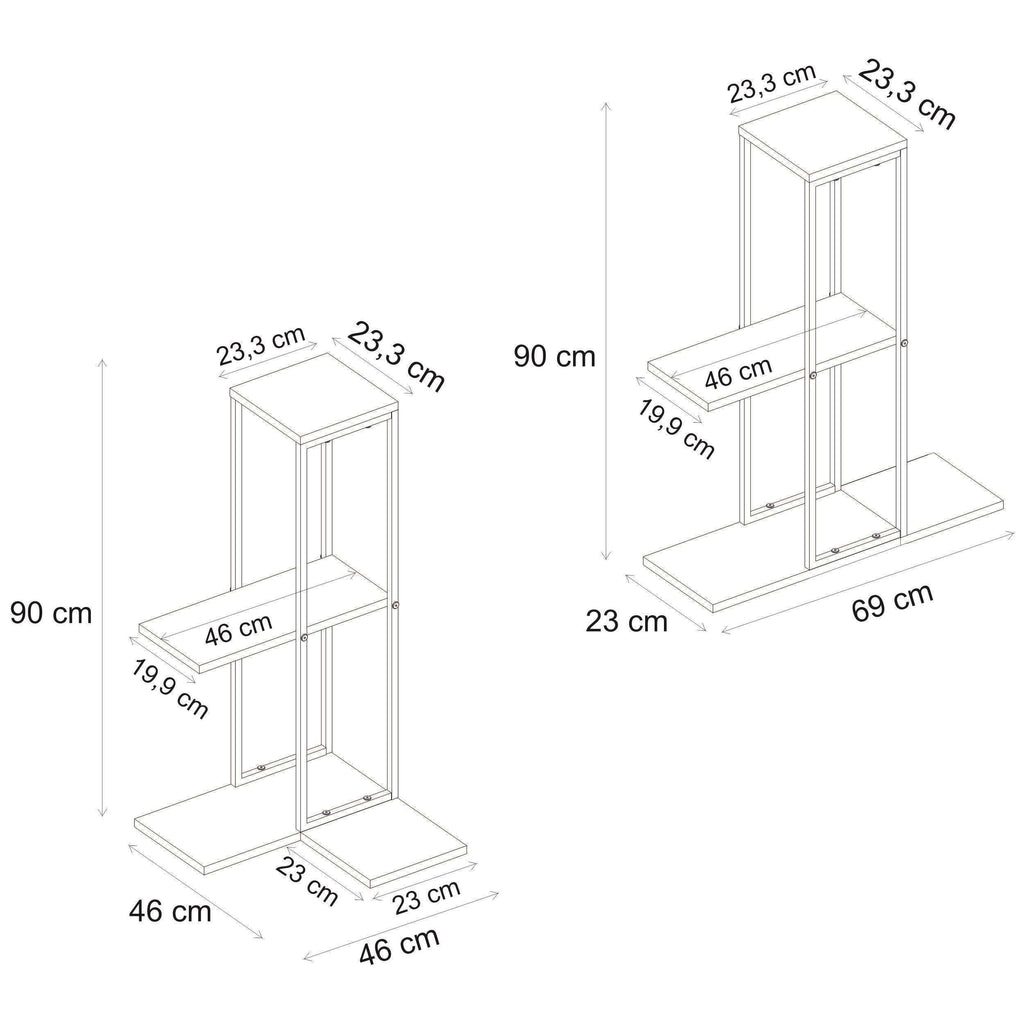 Plant stand shelves dimension diagram showing 90 cm height and 69 cm width.