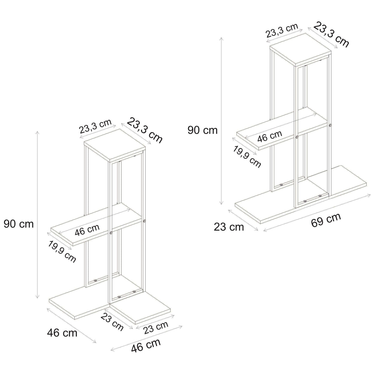 Plant stand shelves dimension diagram showing 90 cm height and 69 cm width.