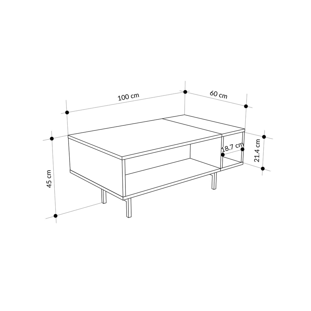 Modern coffee table line drawing showing labeled dimensions and open storage cubby.