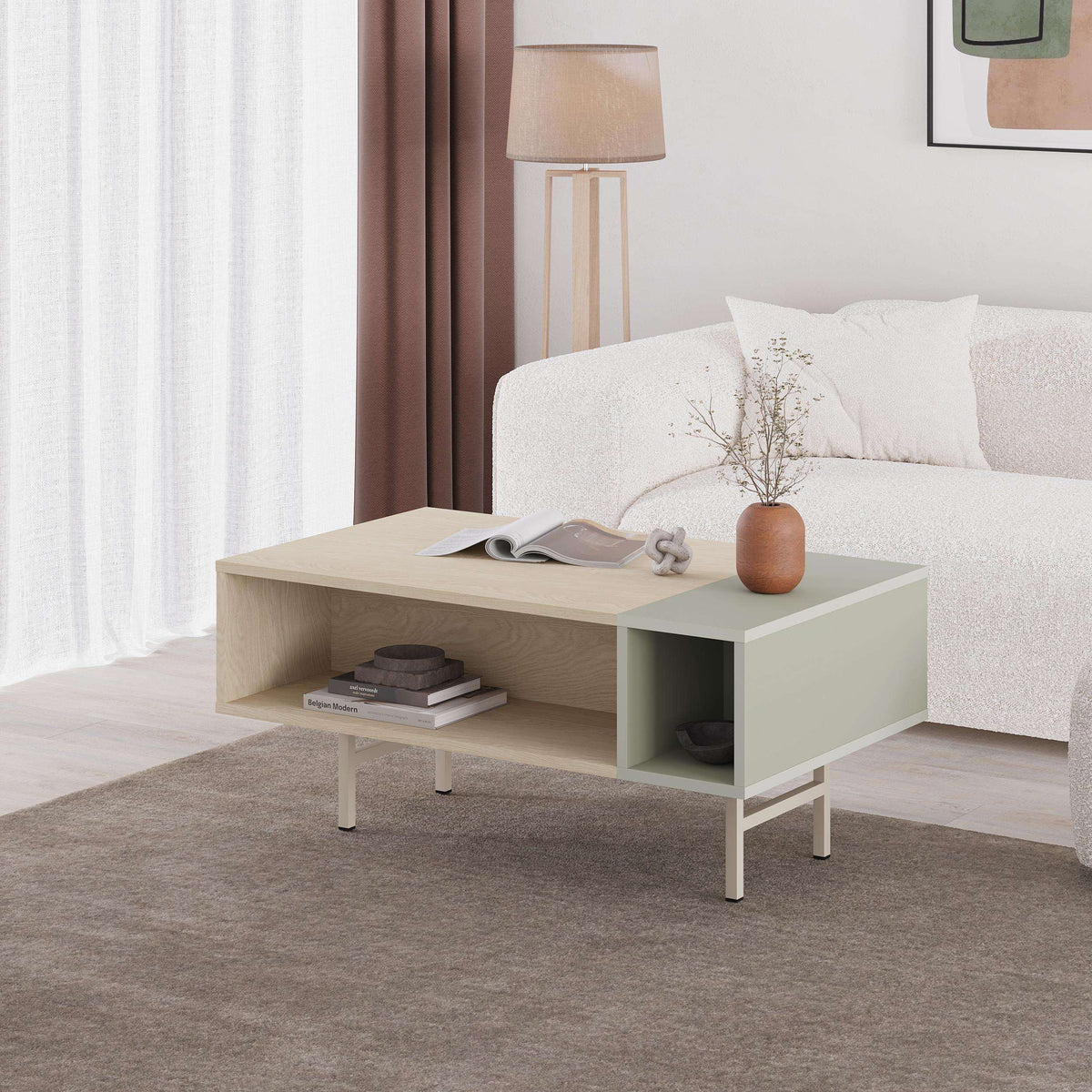 Modern coffee table with light oak surface and Ash Green open cubby storage, 4 legs.