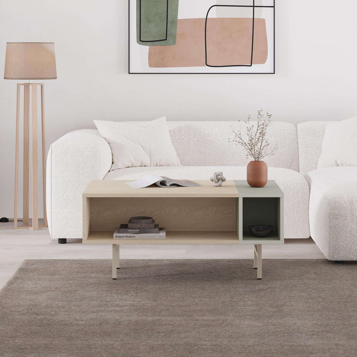 Modern coffee table with light oak top, open shelf storage, and side cubby, 4 legs.