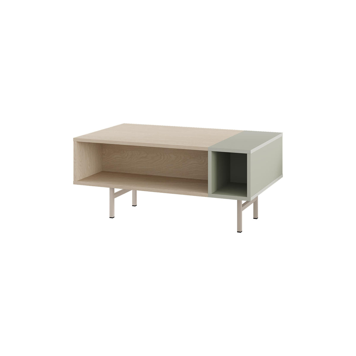 Modern coffee table with light wood top, open side cubby, and 4 tapered legs.