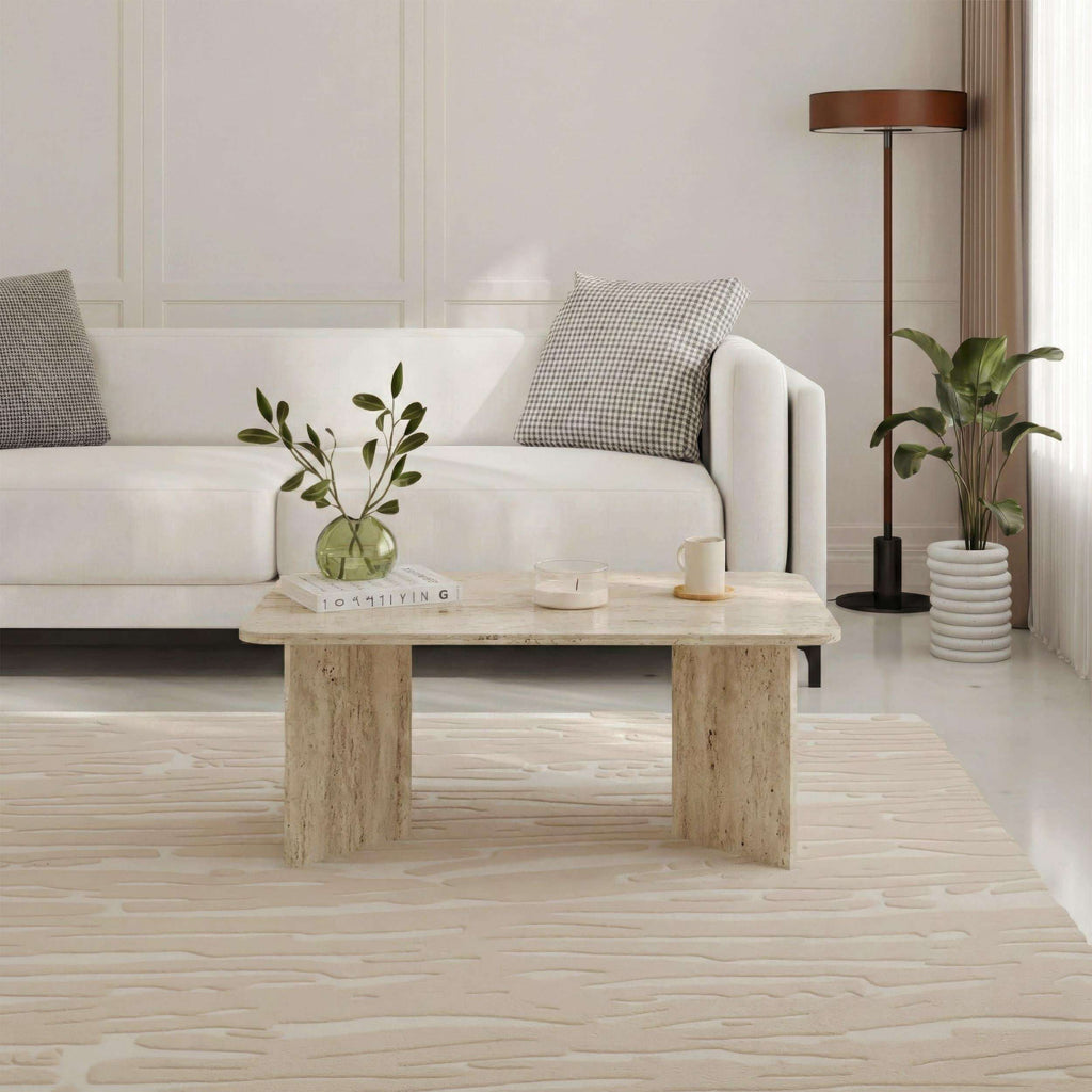 Modern coffee table in light travertine, 60x100 cm, flat legs and squared base