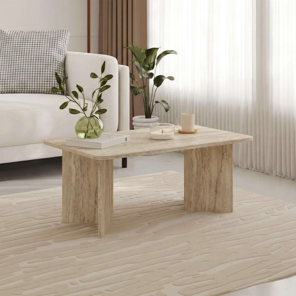 Modern coffee table in light travertine, 60x100 cm, thick top with open base