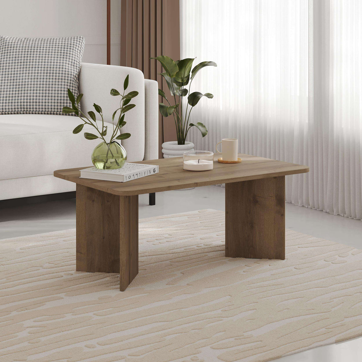 Modern coffee table with rounded corners, dark oak wood, square legs