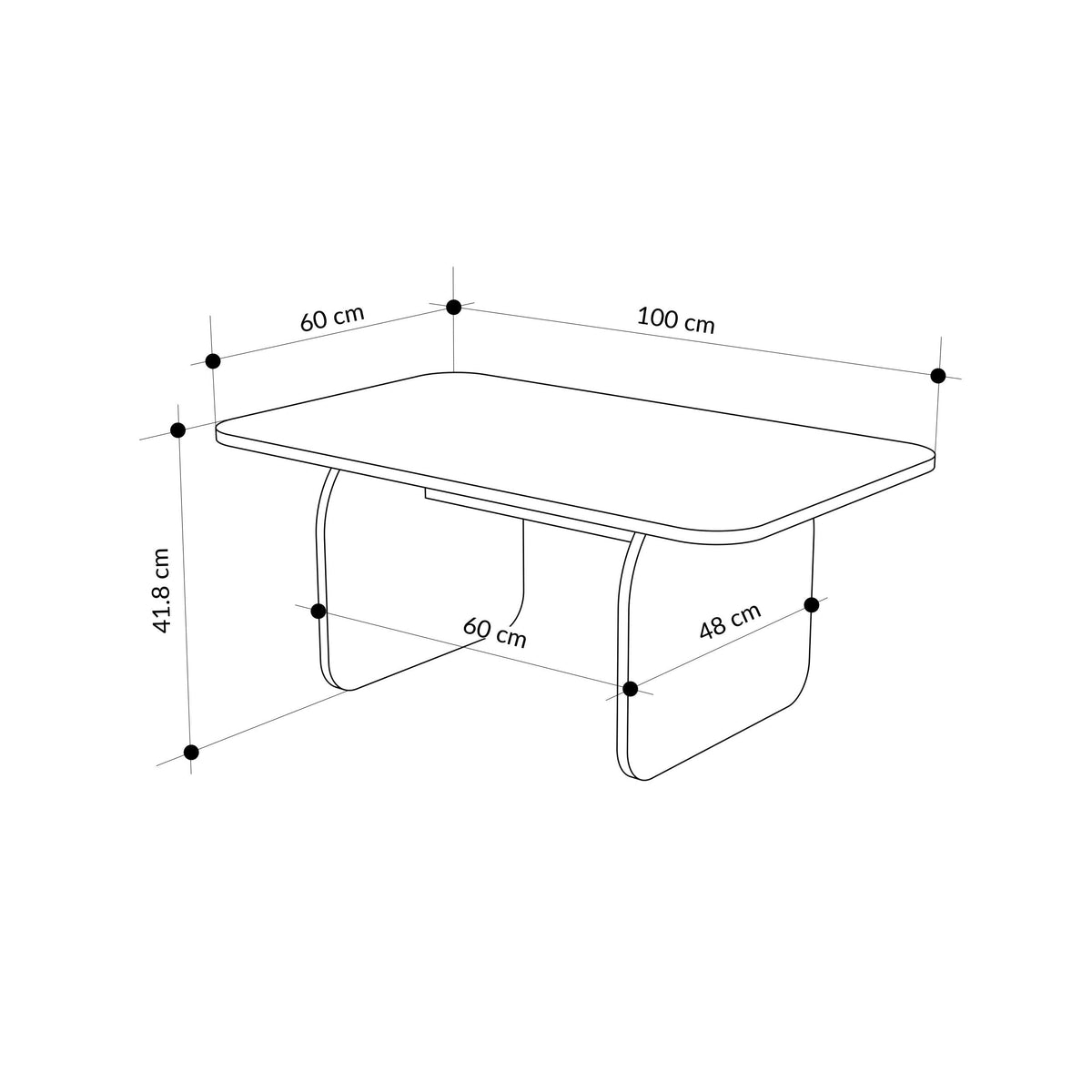 Radius coffee table with rounded rectangular top; 60x100 cm dimensions