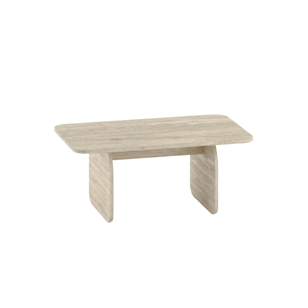 Modern radius coffee table with pale stone-look tabletop and curved legs