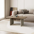 Modern radius coffee table with light wood top and rounded gray legs