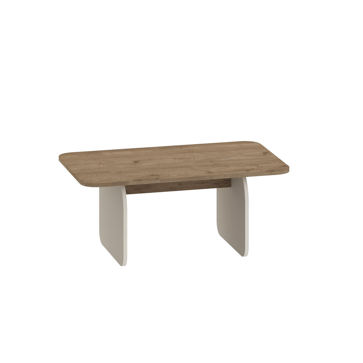 Modern radius coffee table with warm wood tabletop and off-white rounded legs