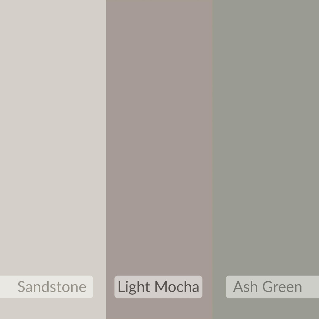 Coffee table color swatches: Sandstone, Light Mocha, Ash Green