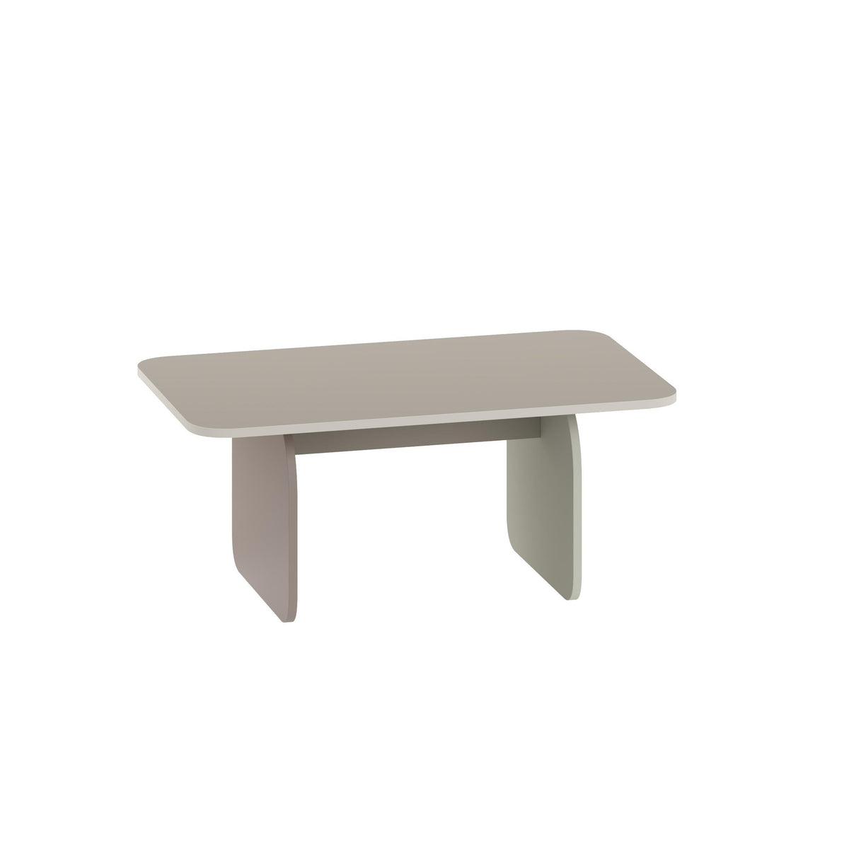 Modern radius coffee table with smooth light gray tabletop and tapered legs