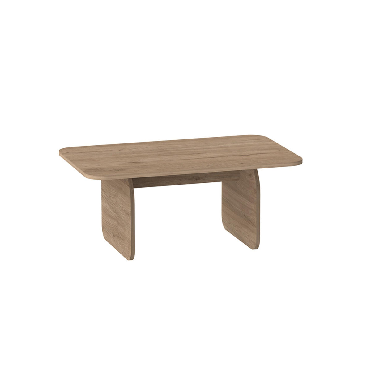Modern radius coffee table with warm oak-style tabletop and curved pedestal legs