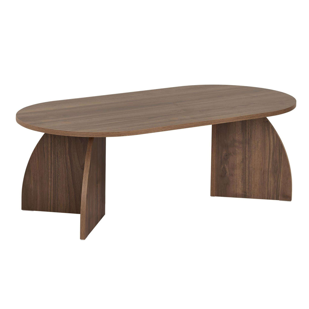 Oval coffee table with dark wood finish and curved T-shaped legs