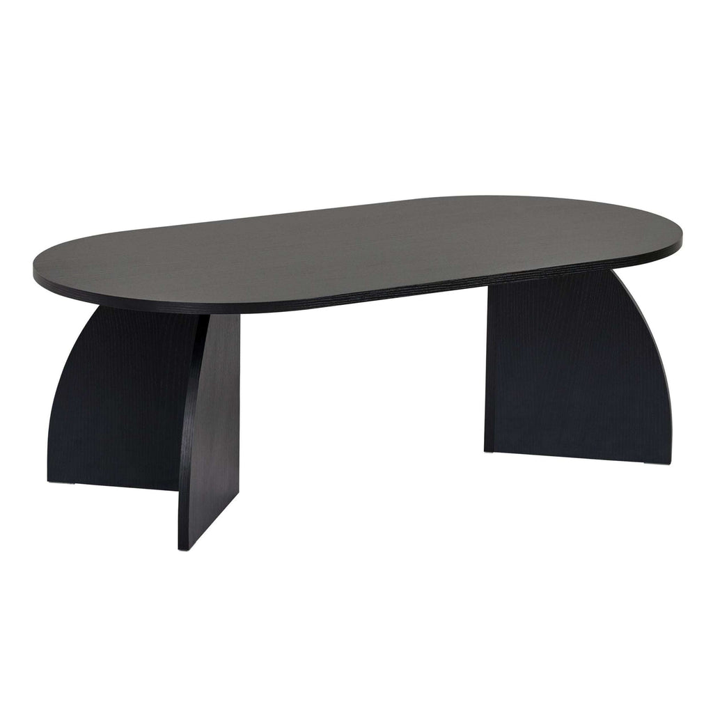 Oval coffee table with dark charcoal top and curved pedestal supports