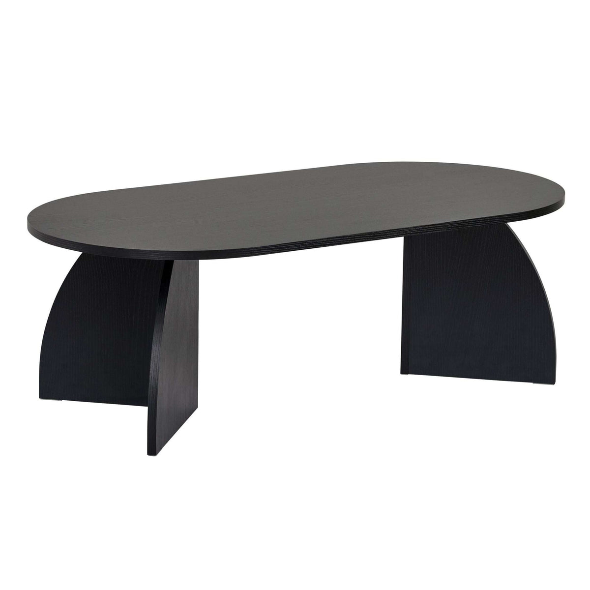 Oval coffee table with dark charcoal top and curved pedestal supports