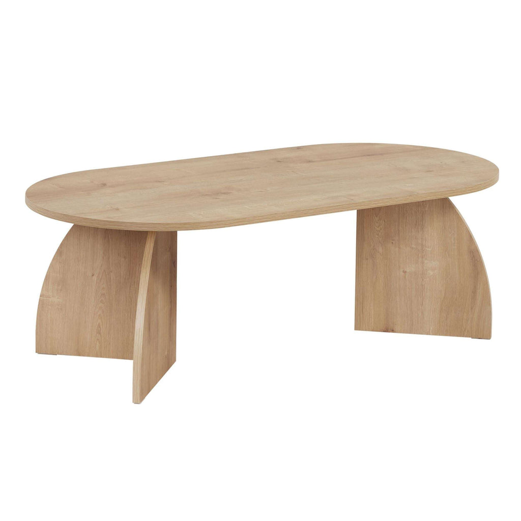 Oval coffee table with light oak top and curved angled legs
