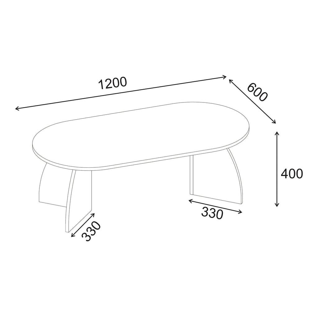 Oval coffee table with dimensions 1200 x 600 x 400 mm, two curved legs