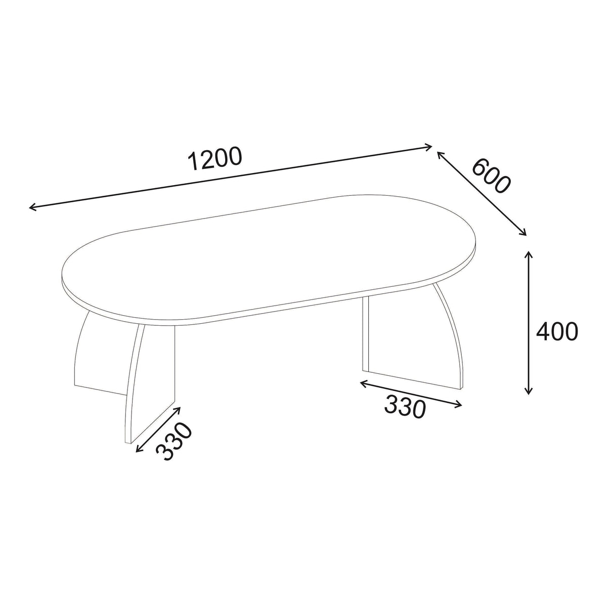 Oval coffee table with dimensions 1200 x 600 x 400 mm, two curved legs