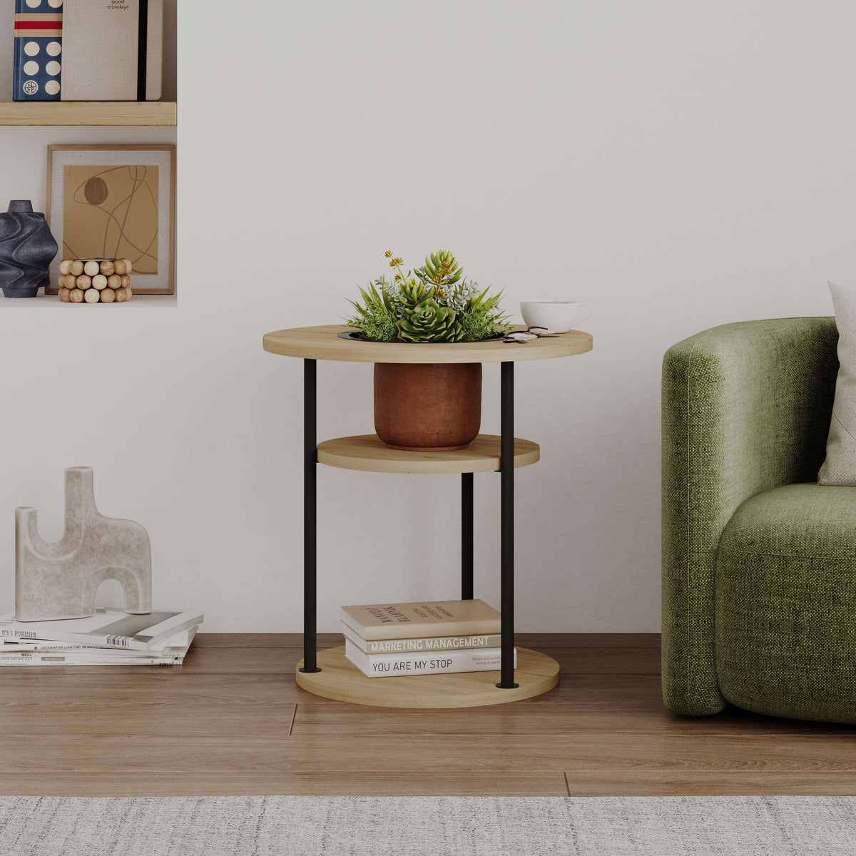 Oak round side table with open shelf and black metal legs