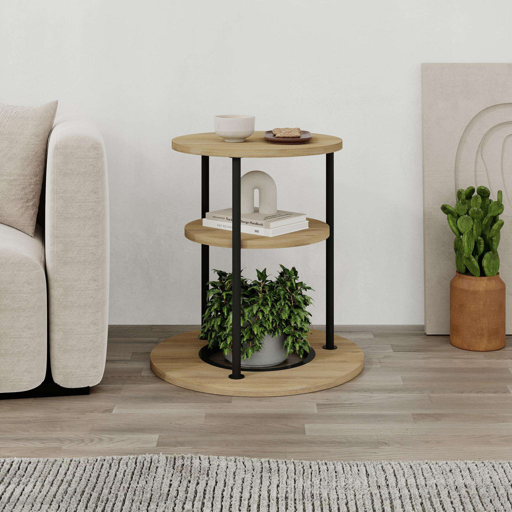 Oak round side table with open shelf, black legs, and circular base