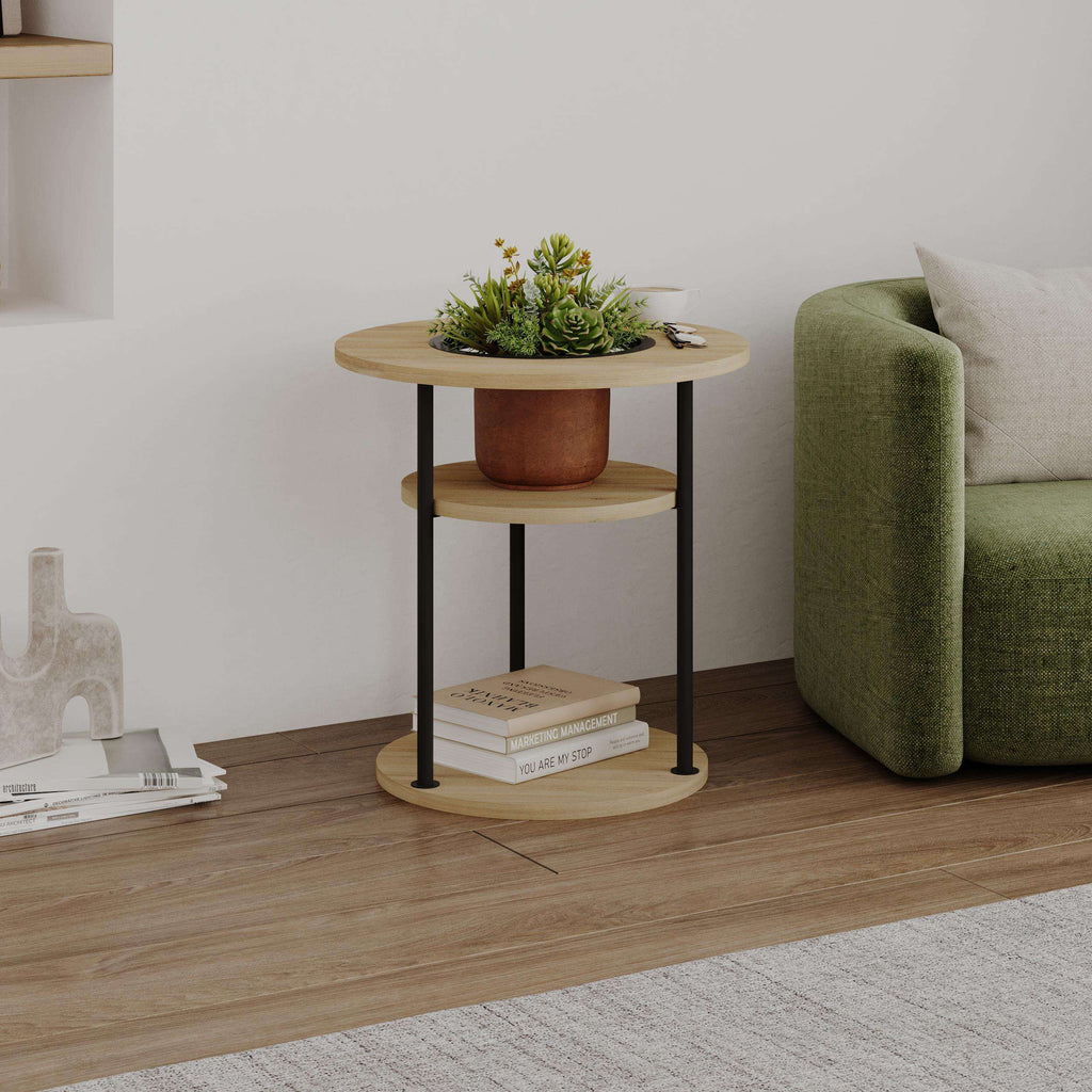 Round side table with lower shelf, dark metal legs, warm wood top and pot display.
