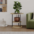 Round wooden side table with open bottom shelf and black metal legs
