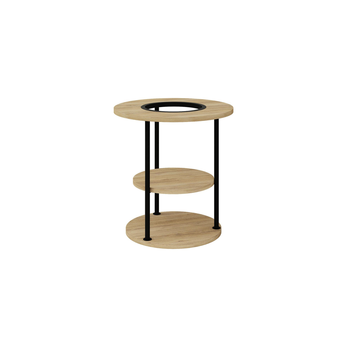 Light oak round side table with open shelves and black metal frame