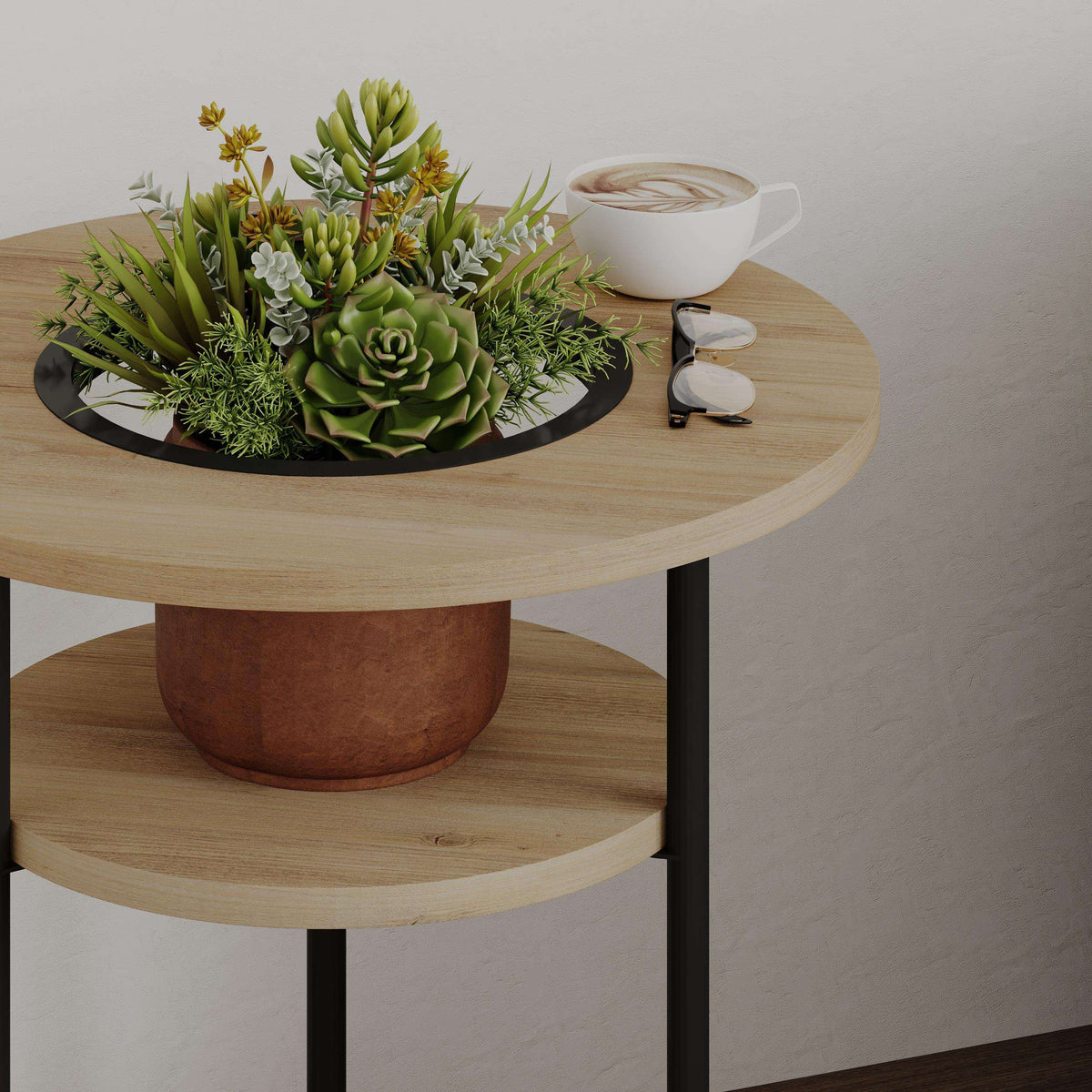 Oak round side table with open shelf, black legs, and tabletop for decor