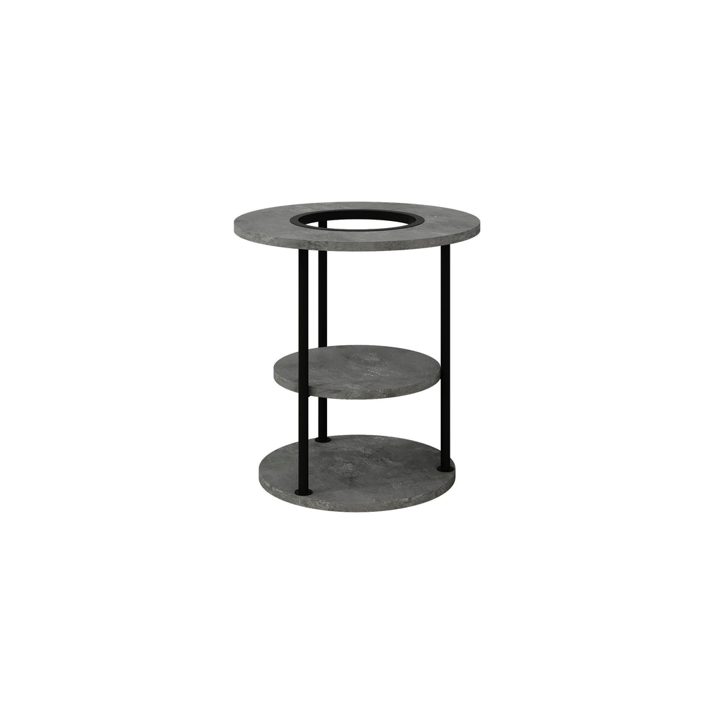 Round side table with two shelves and open center, dark grey concrete-look finish.