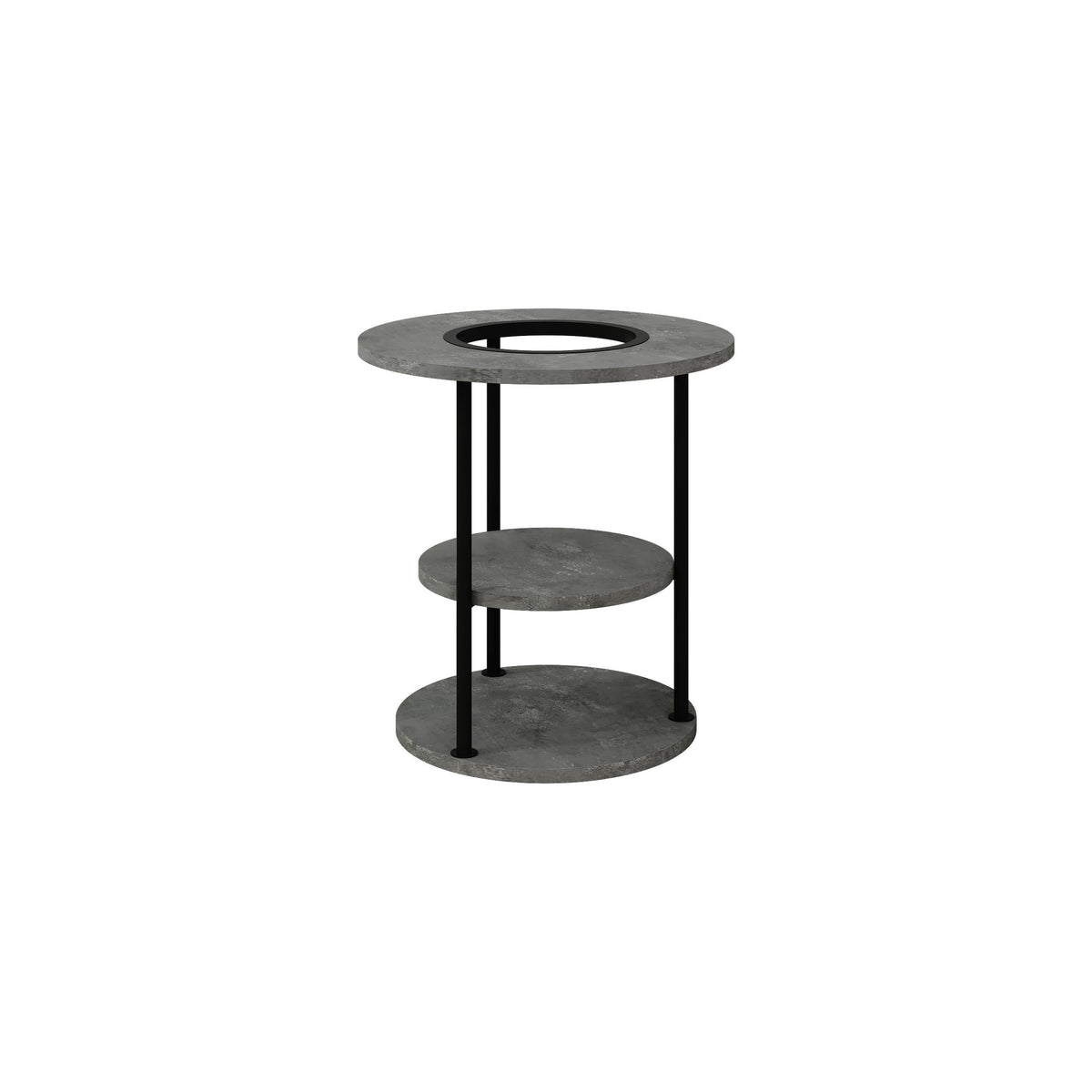 Round side table with two shelves and open center, dark grey concrete-look finish.