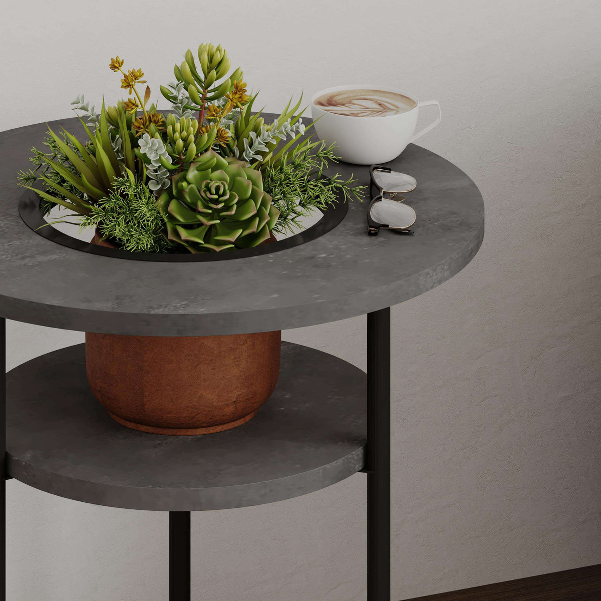 Round side table with two-tier shelf, dark grey top with cut-out circular profile.