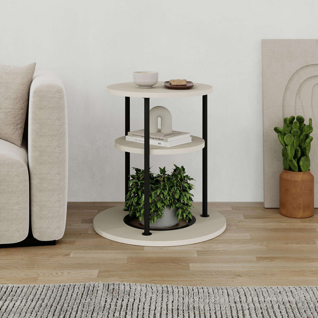 Round side table with two-tier shelf, light wood top and lower shelf, black legs