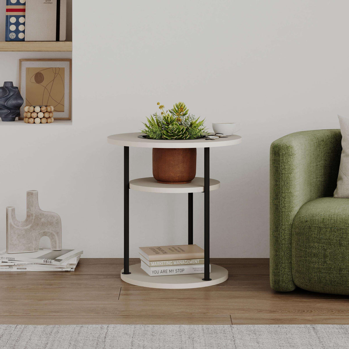 Round side table with two-tier shelf, light wood top with potted plant, black legs
