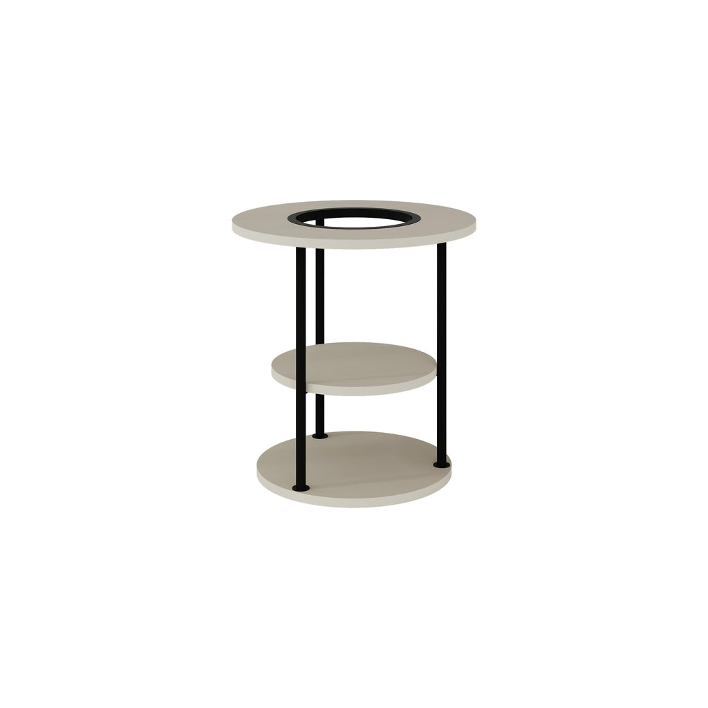 Round side table with two shelves and open frame, light stone grey top and base.