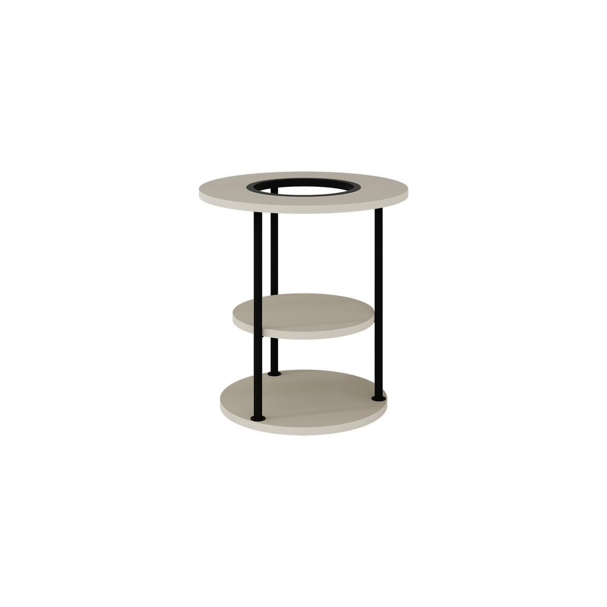 Round side table with two shelves and open frame, light stone grey top and base.